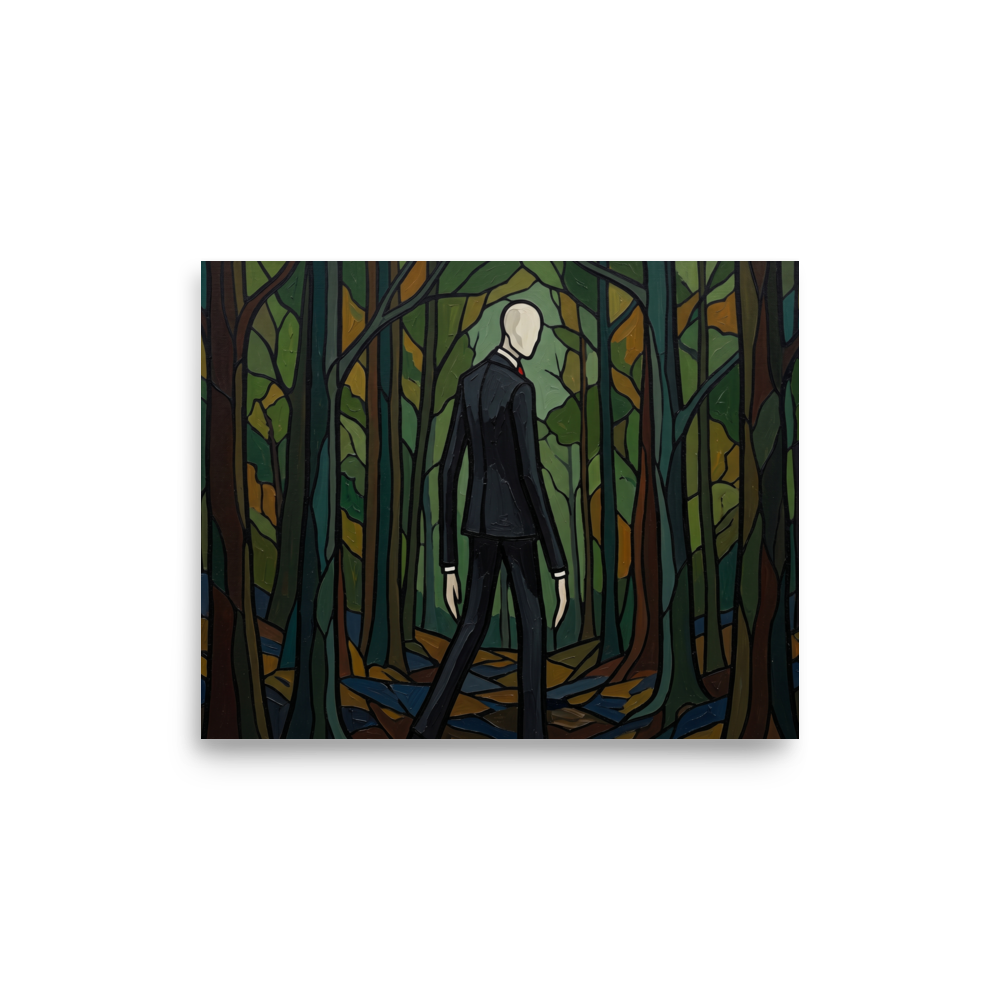 'The Faceless Figure' — a Cloisonnism,Pop art print. A Cloisonnism style painting of a tall faceless man in a suit standing in a dark forest, reminiscent of Slender Man.