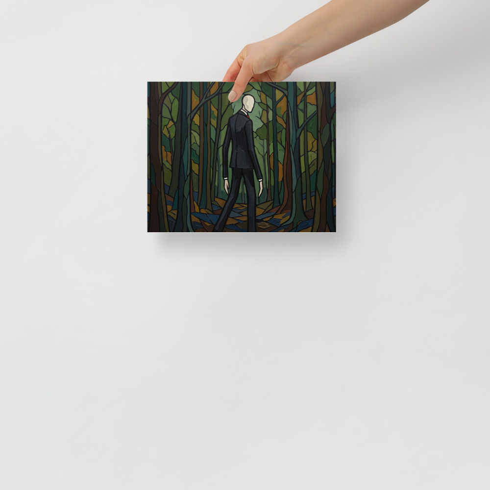 'The Faceless Figure' — a Cloisonnism,Pop art print. A Cloisonnism style painting of a tall faceless man in a suit standing in a dark forest, reminiscent of Slender Man.