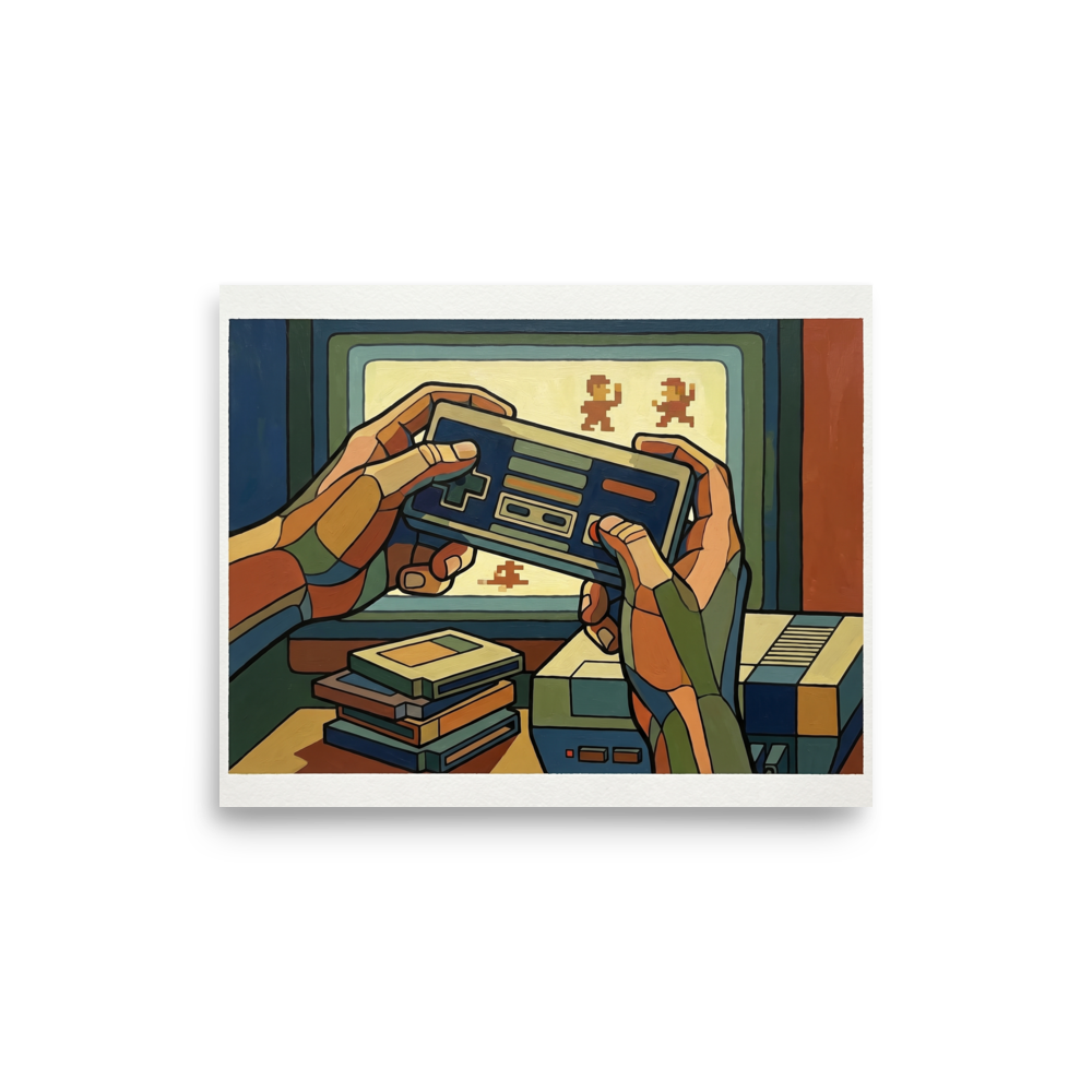 '8-Bit Nostalgia' — a Cloisonnism,Pop art print. A retro gaming scene painted in a Cloisonnism style, featuring hands holding an old controller in front of a CRT TV, ideal for a game room.