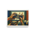 '8-Bit Nostalgia' — a Cloisonnism,Pop art print. A retro gaming scene painted in a Cloisonnism style, featuring hands holding an old controller in front of a CRT TV, ideal for a game room.