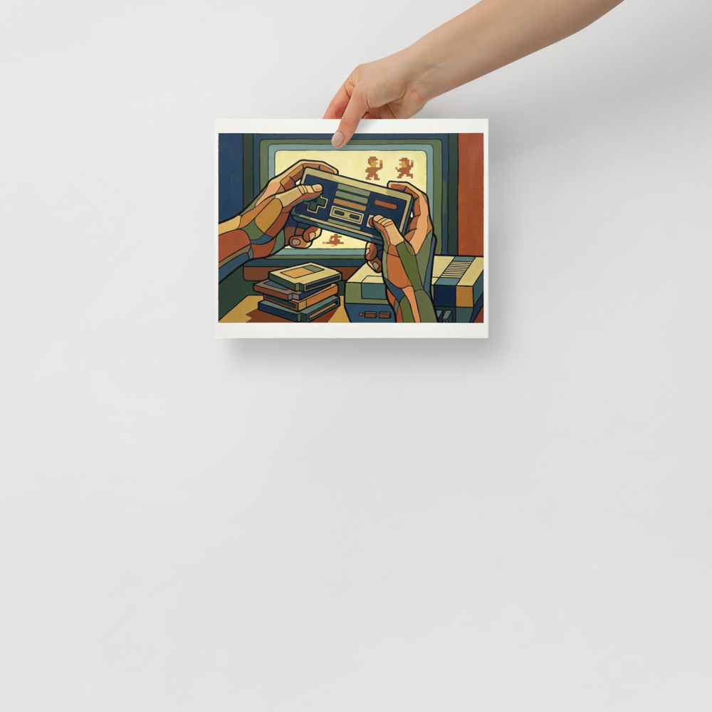 '8-Bit Nostalgia' — a Cloisonnism,Pop art print. A retro gaming scene painted in a Cloisonnism style, featuring hands holding an old controller in front of a CRT TV, ideal for a game room.