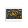 'Mythic Solitude' — a Cloisonnism,Symbolism print. A Cloisonnism style illustration of a woman sitting under a tree with a large bird perched above her, surrounded by wavy stained-glass patterns. Ideal for a library.