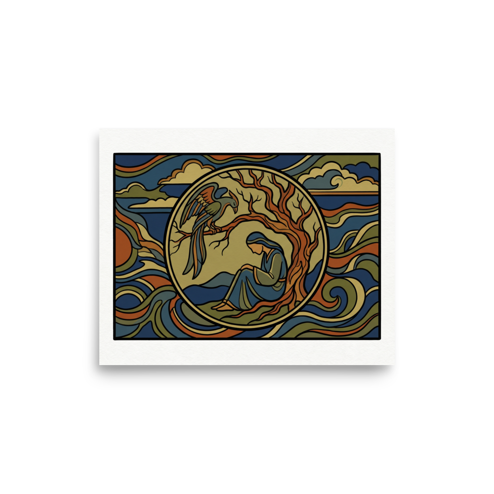 'Mythic Solitude' — a Cloisonnism,Symbolism print. A Cloisonnism style illustration of a woman sitting under a tree with a large bird perched above her, surrounded by wavy stained-glass patterns. Ideal for a library.