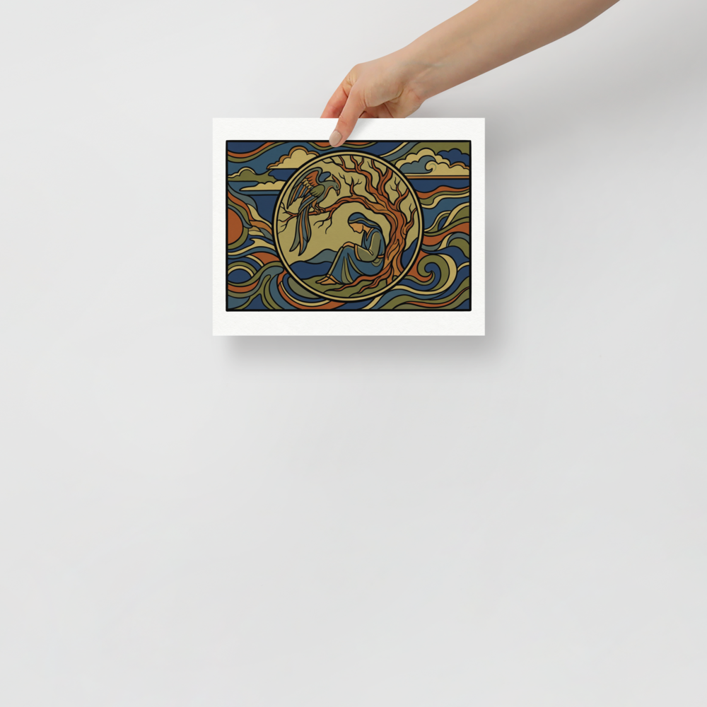 'Mythic Solitude' — a Cloisonnism,Symbolism print. A Cloisonnism style illustration of a woman sitting under a tree with a large bird perched above her, surrounded by wavy stained-glass patterns. Ideal for a library.