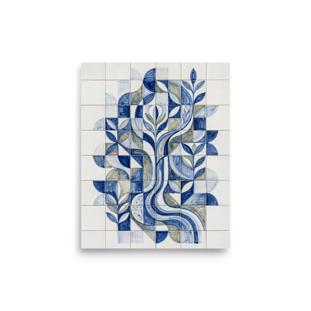 'The Blue Bloom' — a Geometric abstract art print. A geometric blue and white azulejo tile pattern of an abstract plant, perfect for a modern Kitchen.