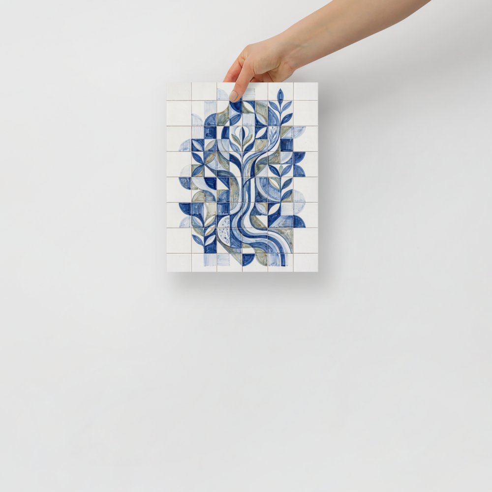 'The Blue Bloom' — a Geometric abstract art print. A geometric blue and white azulejo tile pattern of an abstract plant, perfect for a modern Kitchen.