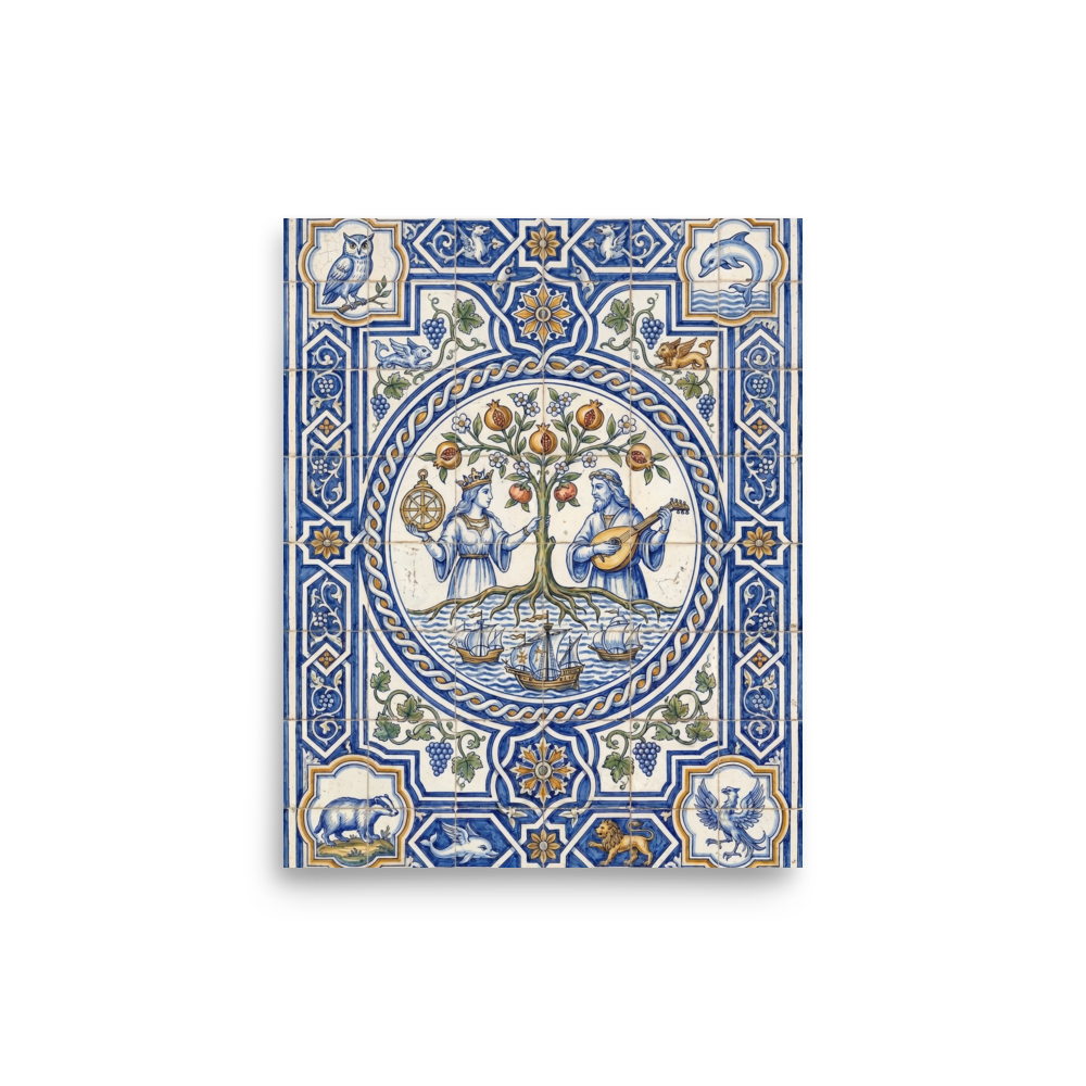 'The Mariner's Harmony' — a Renaissance print. An ornate blue and yellow traditional tile artwork featuring mythical figures and ships, ideal for a classic Library.