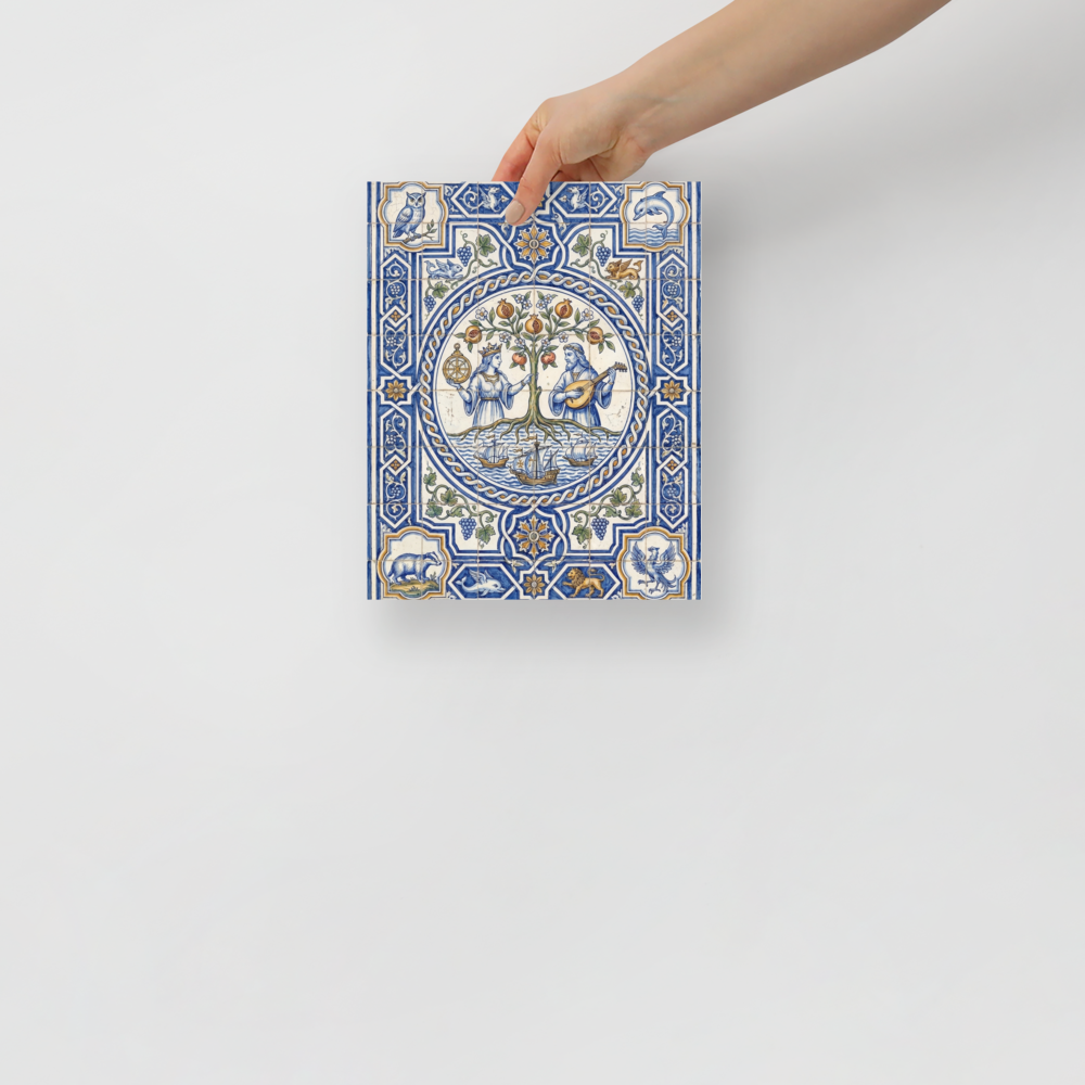 'The Mariner's Harmony' — a Renaissance print. An ornate blue and yellow traditional tile artwork featuring mythical figures and ships, ideal for a classic Library.