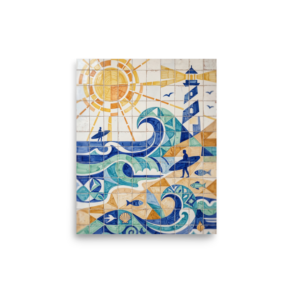 'Coastline Cubism' — a Cubism print. A lively blue and orange azulejo tile artwork depicting a sunny beach scene with surfers, great for a bright Bathroom.