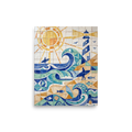 'Coastline Cubism' — a Cubism print. A lively blue and orange azulejo tile artwork depicting a sunny beach scene with surfers, great for a bright Bathroom.