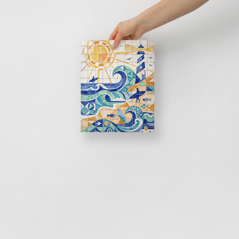 'Coastline Cubism' — a Cubism print. A lively blue and orange azulejo tile artwork depicting a sunny beach scene with surfers, great for a bright Bathroom.