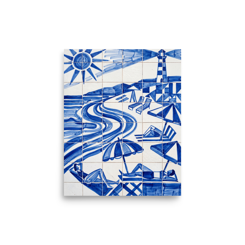 'The Blue Riviera' — a Geometric abstract art print. A geometric blue and white azulejo tile artwork of a sunny beach with loungers, perfect for an Outdoor / Garden.