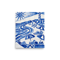 'The Blue Riviera' — a Geometric abstract art print. A geometric blue and white azulejo tile artwork of a sunny beach with loungers, perfect for an Outdoor / Garden.
