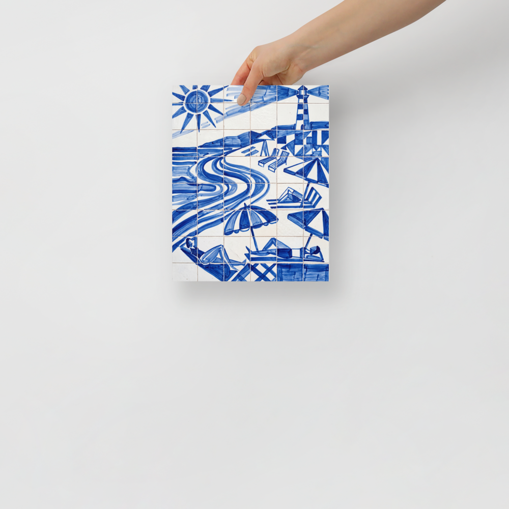 'The Blue Riviera' — a Geometric abstract art print. A geometric blue and white azulejo tile artwork of a sunny beach with loungers, perfect for an Outdoor / Garden.