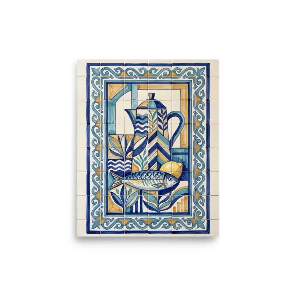 'The Fisherman's Still Life' — a Cubism print. A geometric blue and yellow azulejo tile artwork featuring a fish, pitcher, and lemon, ideal for a traditional Kitchen.