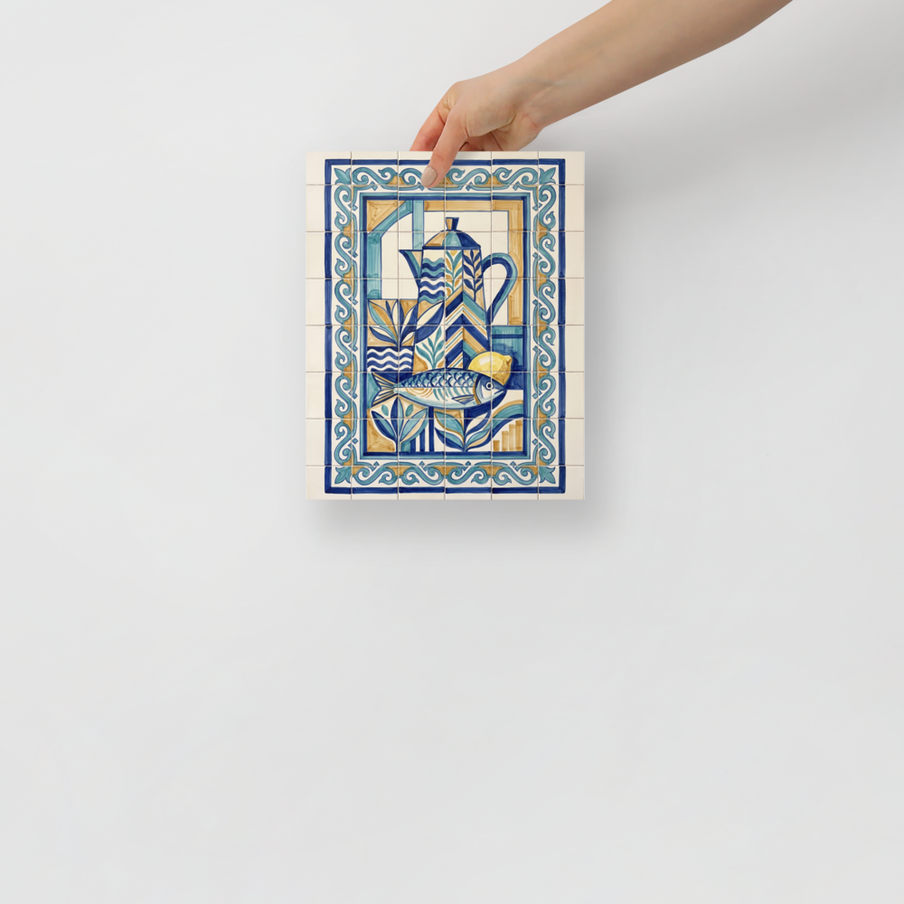 'The Fisherman's Still Life' — a Cubism print. A geometric blue and yellow azulejo tile artwork featuring a fish, pitcher, and lemon, ideal for a traditional Kitchen.