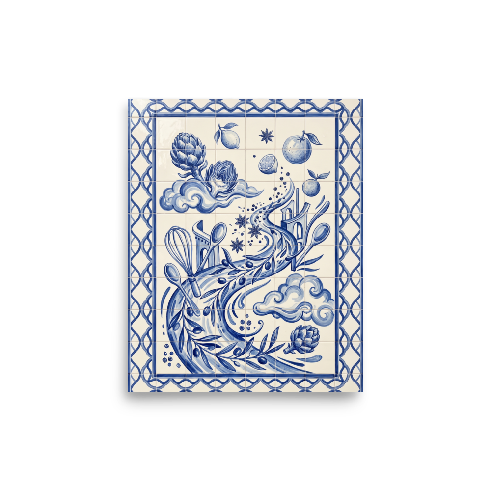 'A Culinary Dream' — a Surrealism print. A surreal blue and white azulejo tile artwork showing flying kitchen tools and ingredients, a charming addition to any Kitchen.