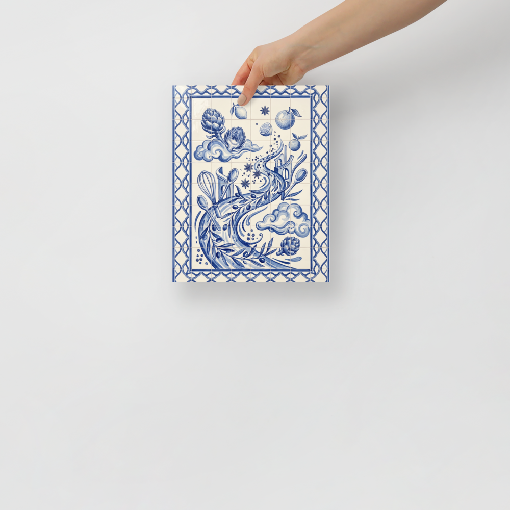 'A Culinary Dream' — a Surrealism print. A surreal blue and white azulejo tile artwork showing flying kitchen tools and ingredients, a charming addition to any Kitchen.