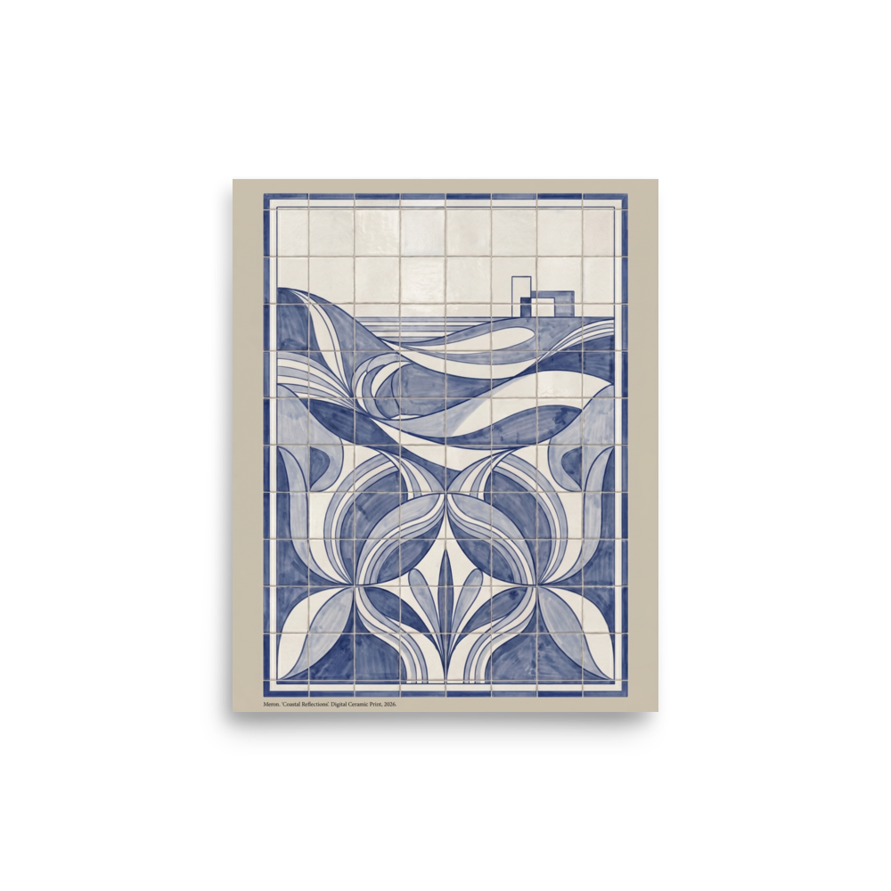 'Coastal Reflections' — a Art Deco print. A modern blue and white geometric tile artwork of a serene coastal landscape, perfect for an elegant Office.