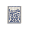 'Coastal Reflections' — a Art Deco print. A modern blue and white geometric tile artwork of a serene coastal landscape, perfect for an elegant Office.