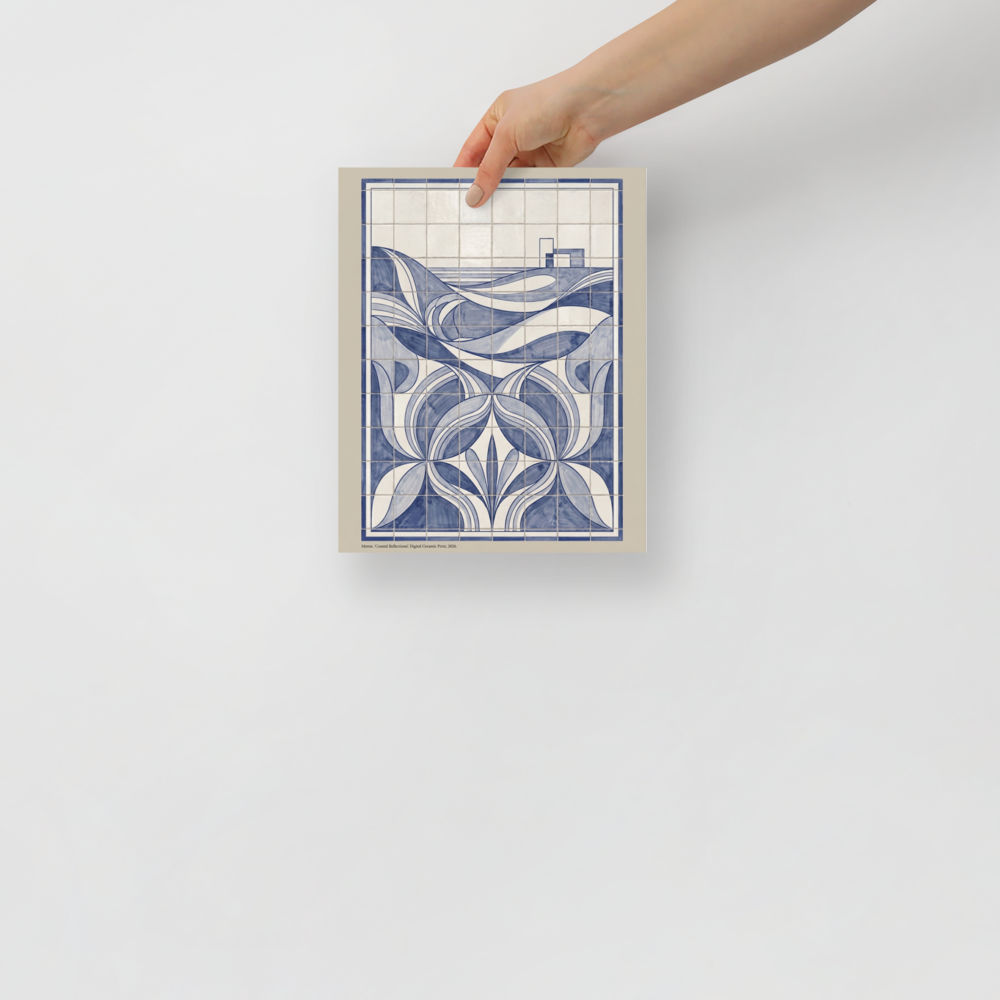 'Coastal Reflections' — a Art Deco print. A modern blue and white geometric tile artwork of a serene coastal landscape, perfect for an elegant Office.