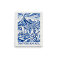'Alma Azul' — a Cubism print. A geometric blue and white azulejo tile artwork showing a guitarist, sailboat, and volcano in Cabo Verde, ideal for a vibrant Studio.