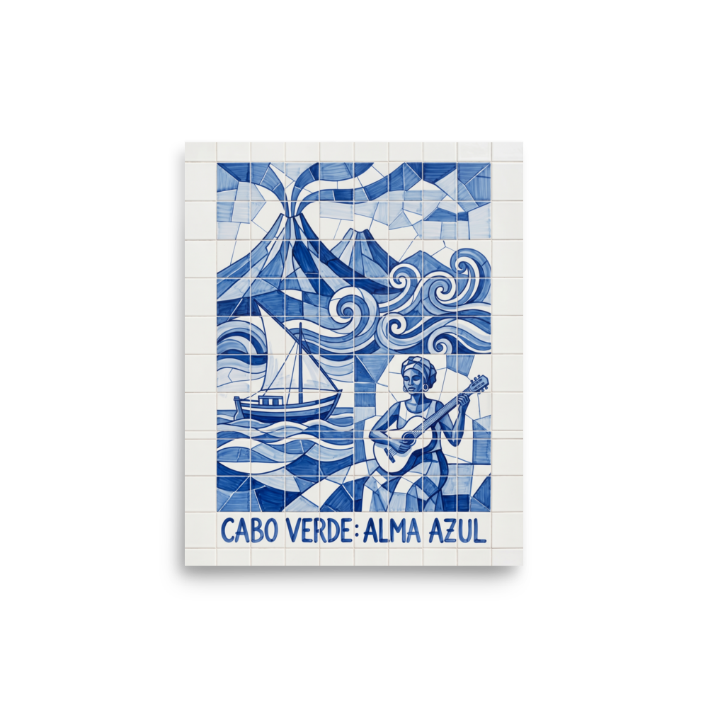 'Alma Azul' — a Cubism print. A geometric blue and white azulejo tile artwork showing a guitarist, sailboat, and volcano in Cabo Verde, ideal for a vibrant Studio.