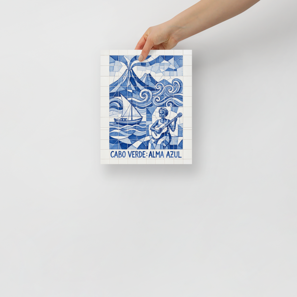 'Alma Azul' — a Cubism print. A geometric blue and white azulejo tile artwork showing a guitarist, sailboat, and volcano in Cabo Verde, ideal for a vibrant Studio.