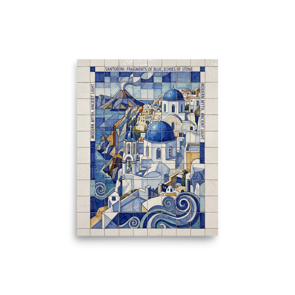 'Fragments of Santorini' — a Cubism print. A striking blue and white geometric azulejo tile artwork of Santorini's architecture and waves, perfect for a peaceful Bedroom.