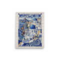 'Fragments of Santorini' — a Cubism print. A striking blue and white geometric azulejo tile artwork of Santorini's architecture and waves, perfect for a peaceful Bedroom.
