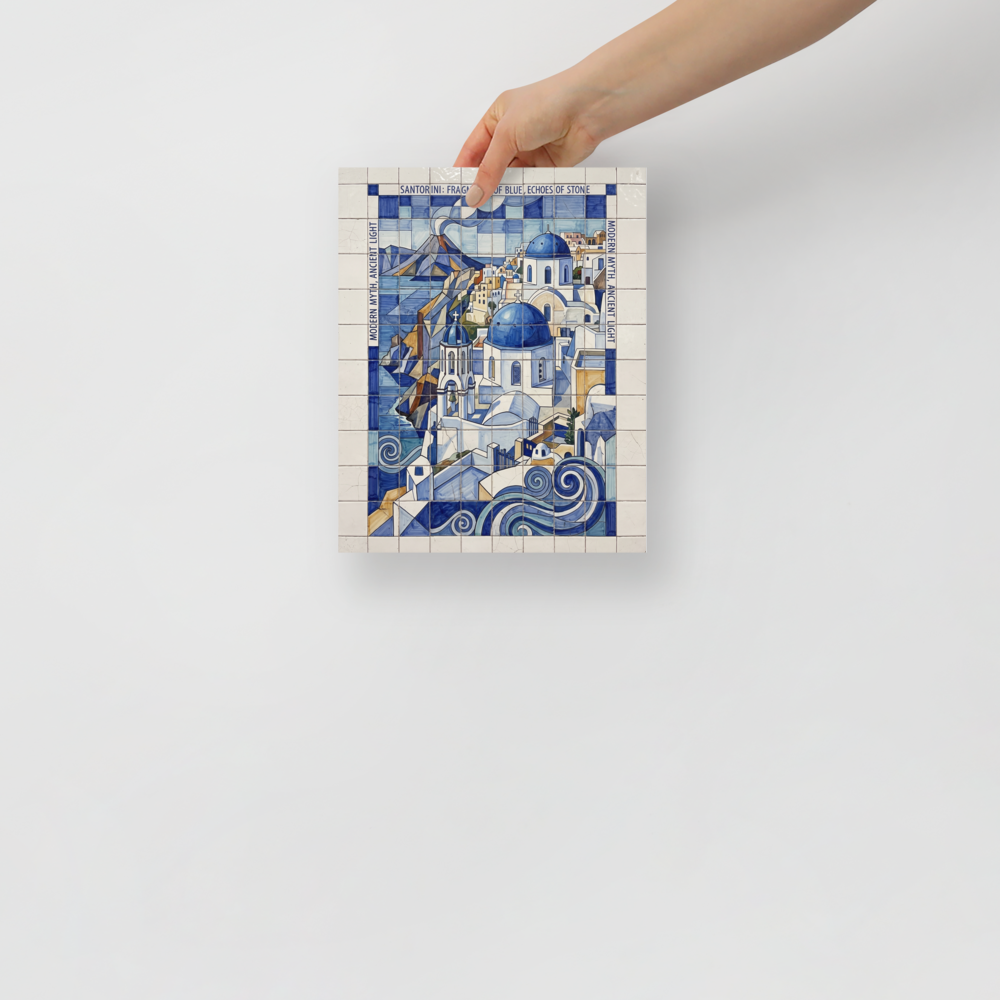 'Fragments of Santorini' — a Cubism print. A striking blue and white geometric azulejo tile artwork of Santorini's architecture and waves, perfect for a peaceful Bedroom.