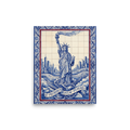 'Lady Liberty's Data Stream' — a Retrofuturism print. A futuristic blue and white azulejo tile artwork of the Statue of Liberty with circuit patterns, perfect for a modern Office.