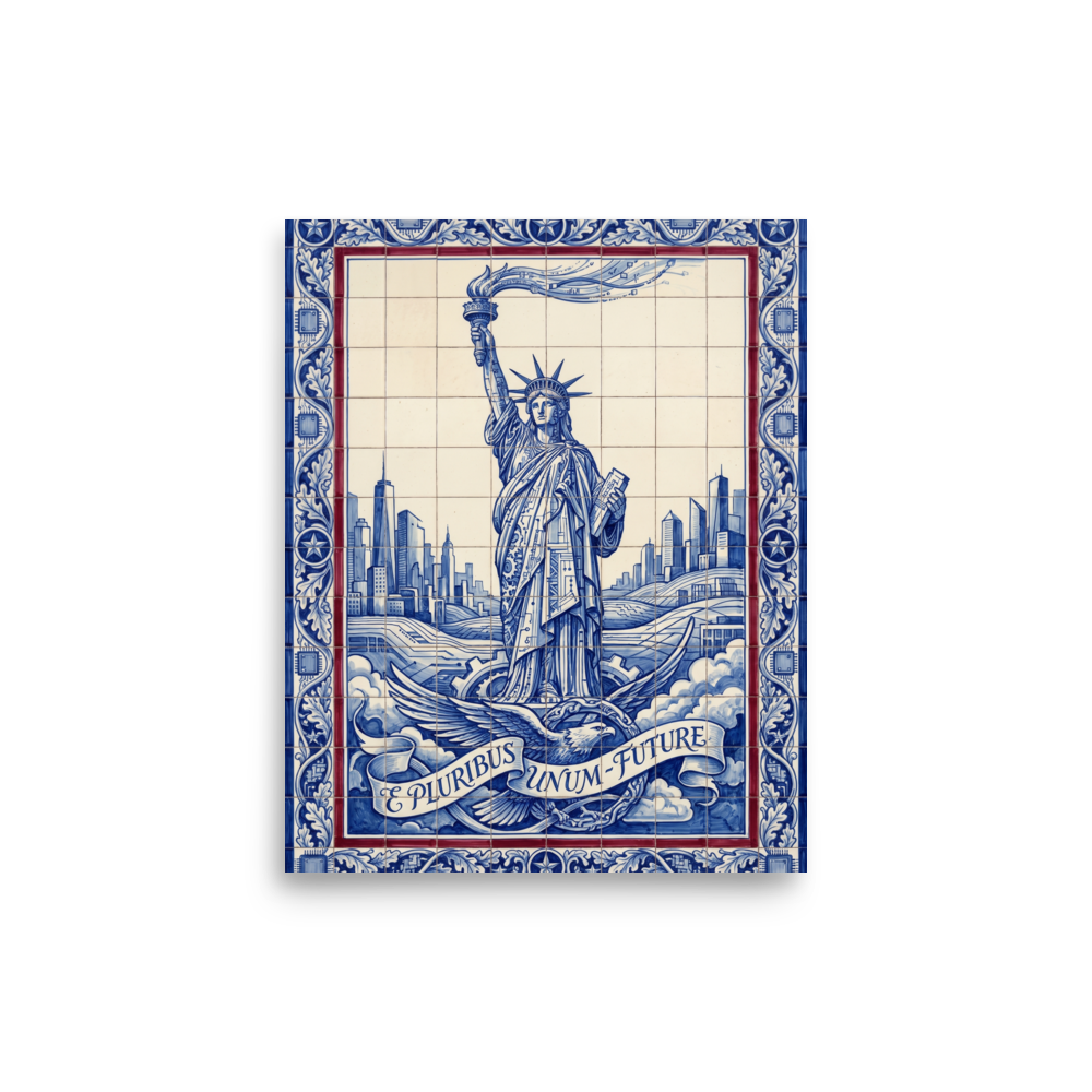 'Lady Liberty's Data Stream' — a Retrofuturism print. A futuristic blue and white azulejo tile artwork of the Statue of Liberty with circuit patterns, perfect for a modern Office.