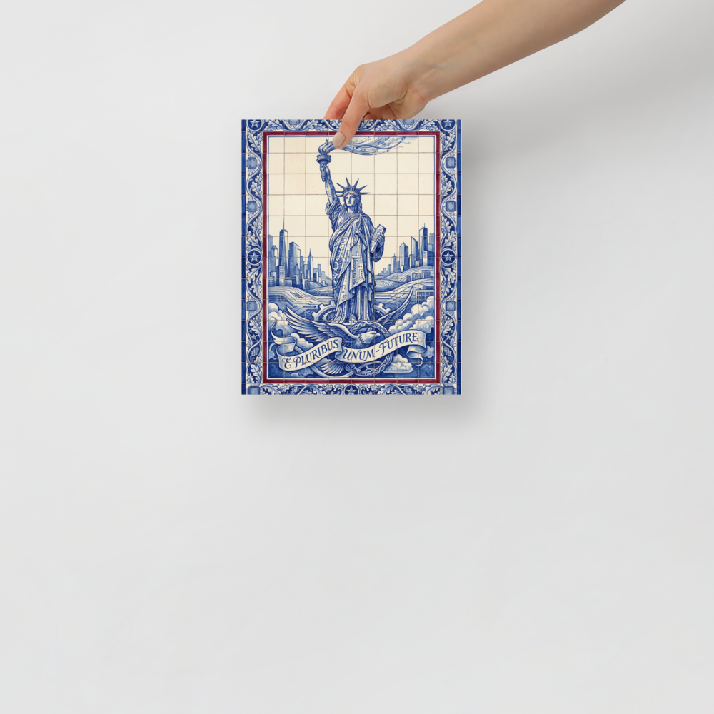 'Lady Liberty's Data Stream' — a Retrofuturism print. A futuristic blue and white azulejo tile artwork of the Statue of Liberty with circuit patterns, perfect for a modern Office.