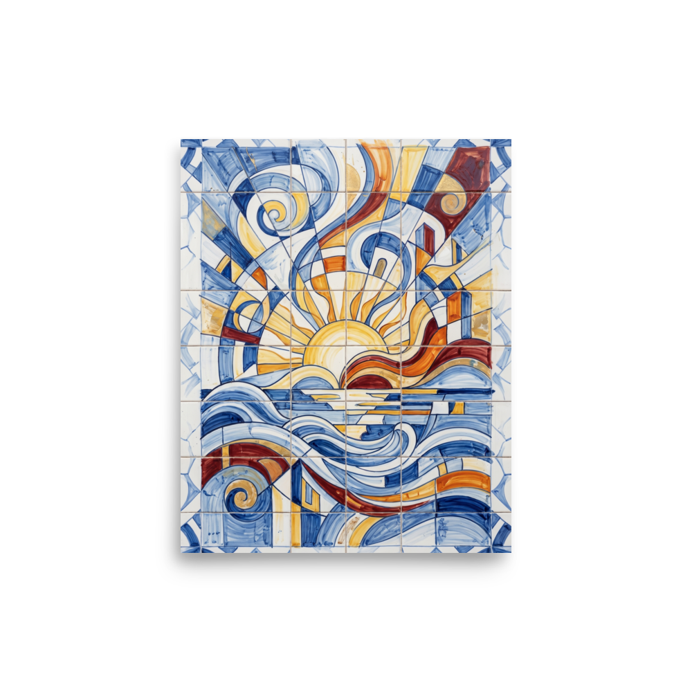 'The Radiant Horizon' — a Cubism print. A dynamic, colorful geometric azulejo tile artwork showing a stylized sun and waves, ideal for a bright Sunroom / Conservatory.