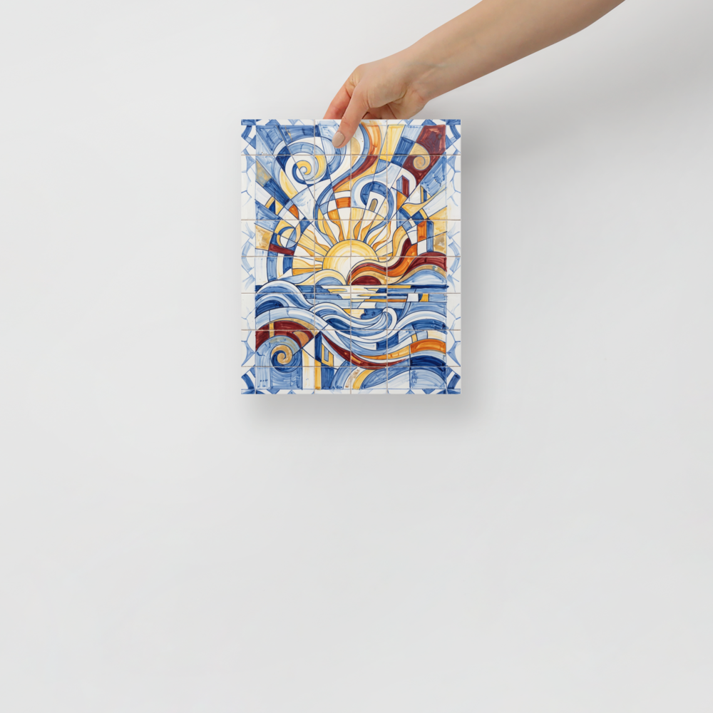 'The Radiant Horizon' — a Cubism print. A dynamic, colorful geometric azulejo tile artwork showing a stylized sun and waves, ideal for a bright Sunroom / Conservatory.