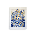 'The Sunlit Compass' — a Art Deco print. A symmetrical blue and yellow geometric tile artwork featuring a sun and botanical elements, perfect for an elegant Entryway.