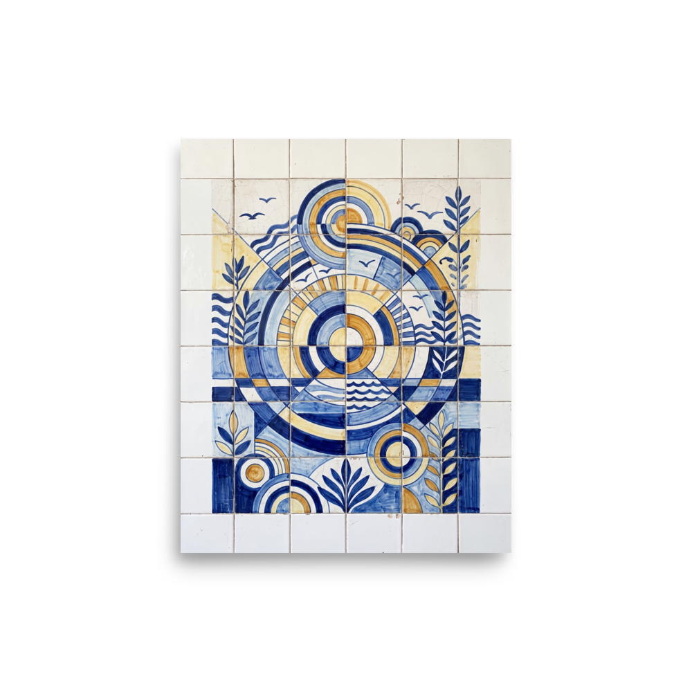 'The Sunlit Compass' — a Art Deco print. A symmetrical blue and yellow geometric tile artwork featuring a sun and botanical elements, perfect for an elegant Entryway.