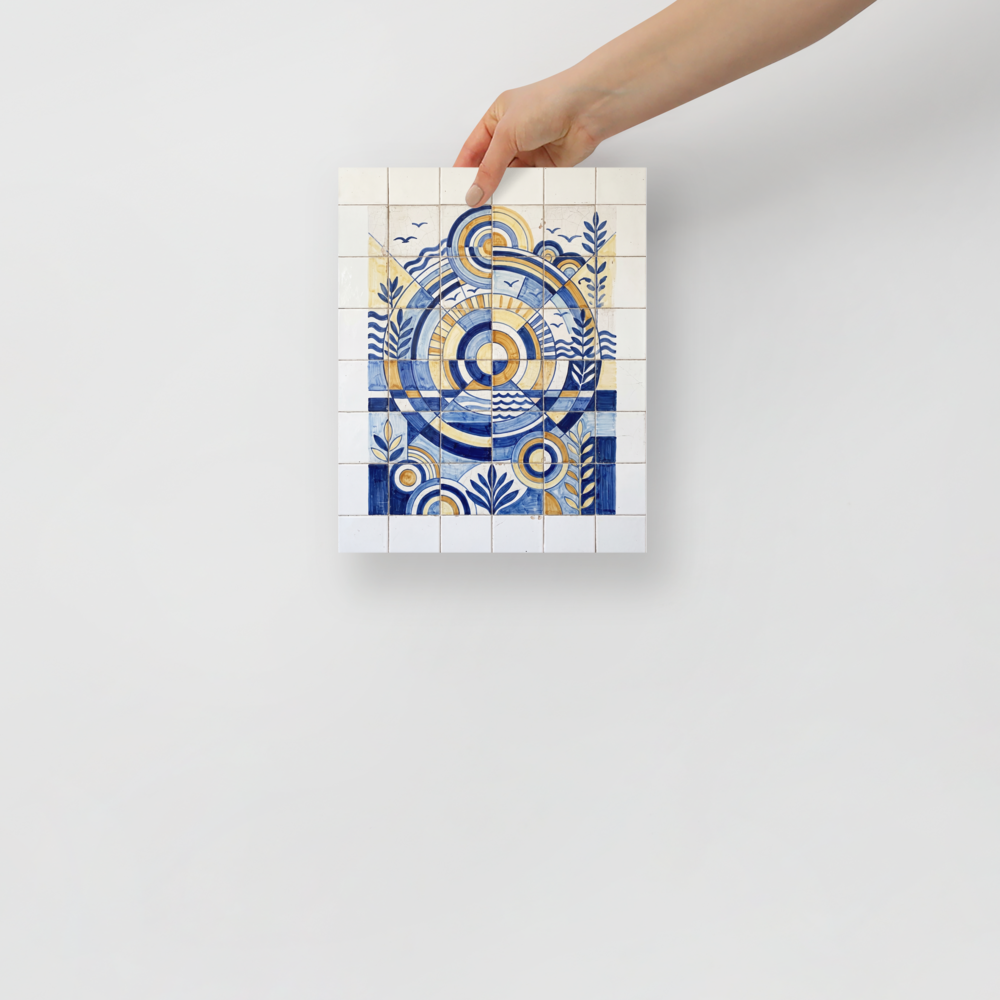 'The Sunlit Compass' — a Art Deco print. A symmetrical blue and yellow geometric tile artwork featuring a sun and botanical elements, perfect for an elegant Entryway.