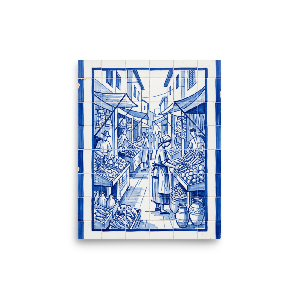 'The Market Square' — a Realism print. A traditional blue and white azulejo tile artwork showing a bustling street market, perfect for a lively Kitchen.
