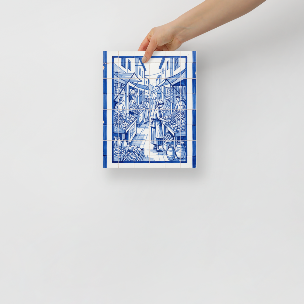 'The Market Square' — a Realism print. A traditional blue and white azulejo tile artwork showing a bustling street market, perfect for a lively Kitchen.