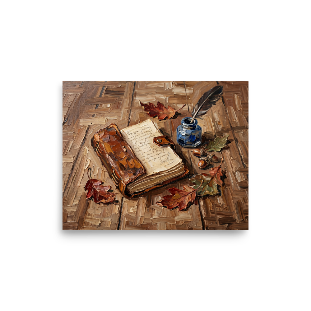 'Chronicles in Oak' — a Impressionism print. Impasto oil painting of an open book, quill, and inkwell on a wooden table, perfect for a library.