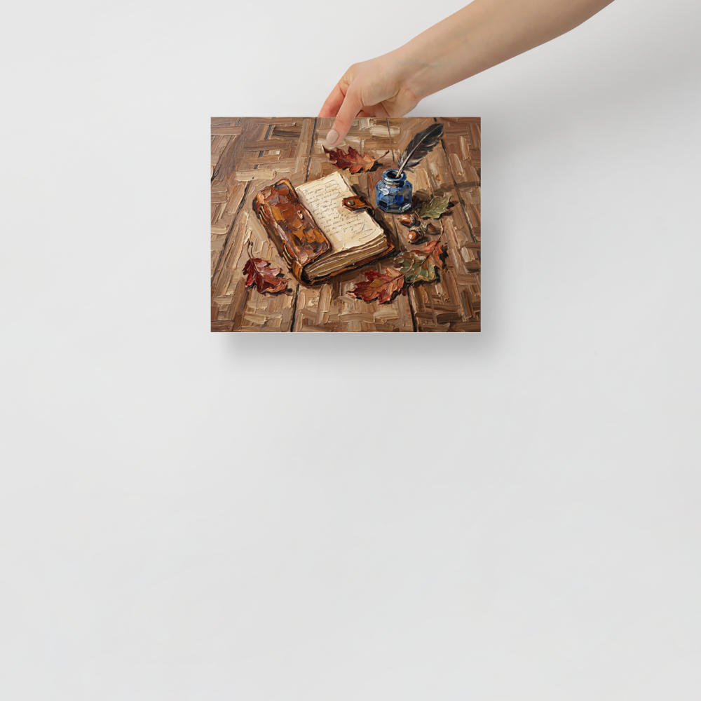 'Chronicles in Oak' — a Impressionism print. Impasto oil painting of an open book, quill, and inkwell on a wooden table, perfect for a library.