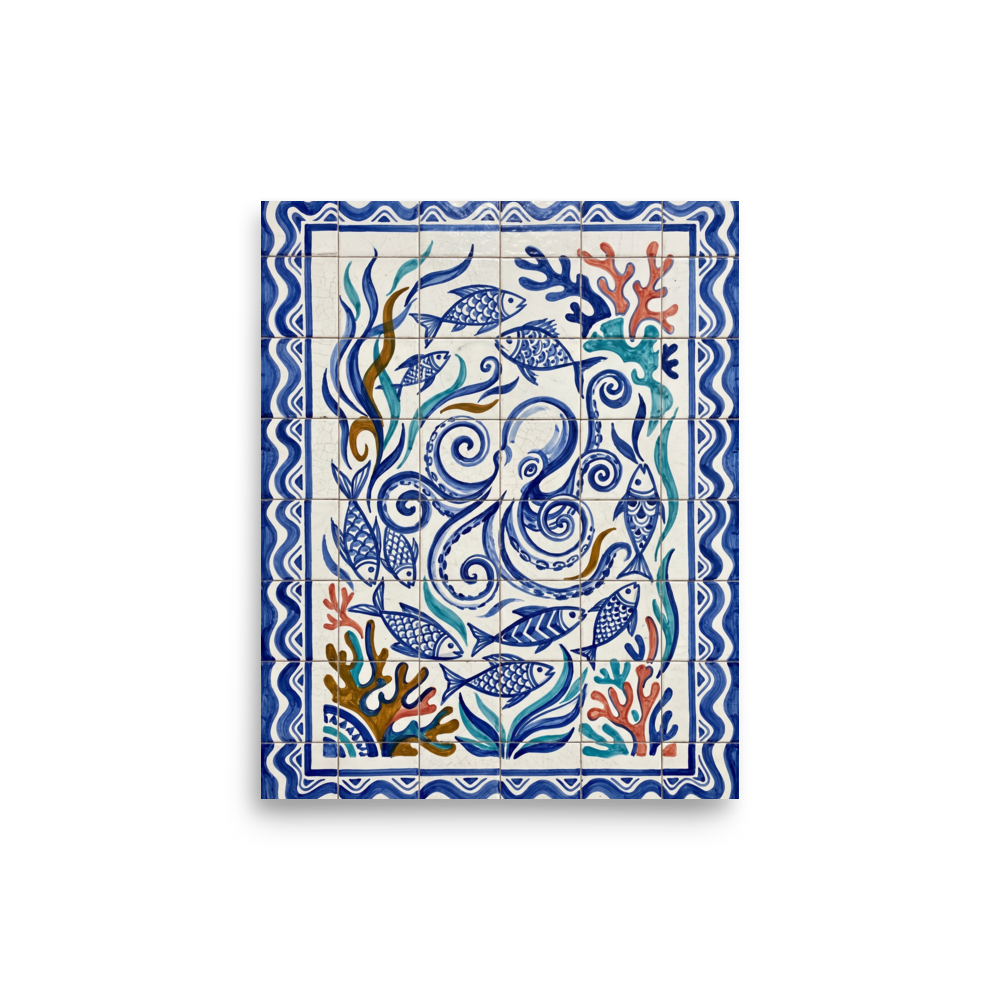 'Oceanic Swirl' — a Folk art print. A playful and colorful azulejo tile artwork featuring an octopus, fish, and coral, ideal for a bright Bathroom.