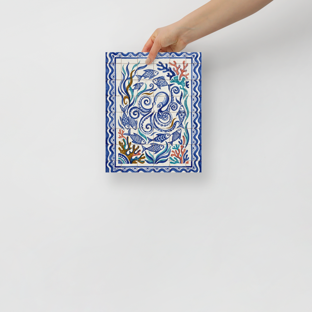 'Oceanic Swirl' — a Folk art print. A playful and colorful azulejo tile artwork featuring an octopus, fish, and coral, ideal for a bright Bathroom.