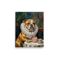 'A Noble Treat' — a Renaissance,Pop art print. Humorous impasto painting of a bulldog in a ruffled collar eating cake, perfect for a dining room.