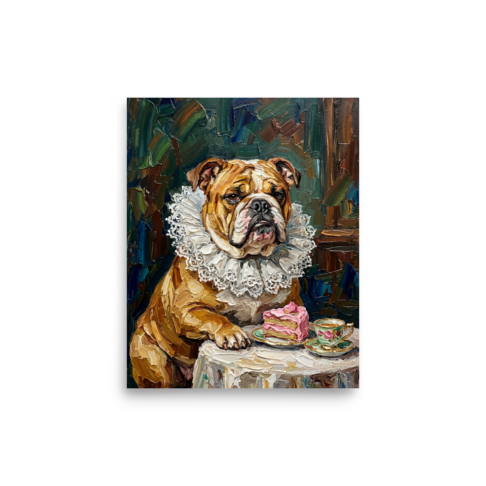 'A Noble Treat' — a Renaissance,Pop art print. Humorous impasto painting of a bulldog in a ruffled collar eating cake, perfect for a dining room.
