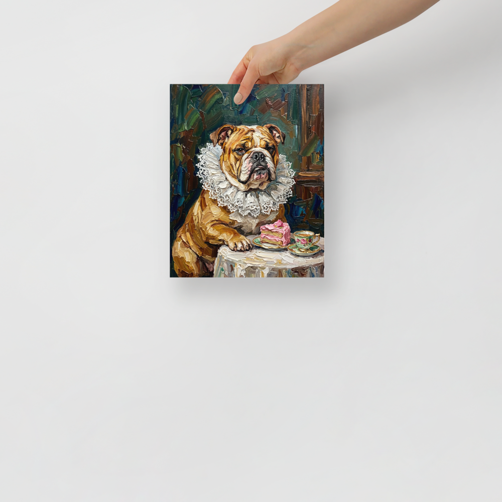 'A Noble Treat' — a Renaissance,Pop art print. Humorous impasto painting of a bulldog in a ruffled collar eating cake, perfect for a dining room.