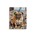 'Messy Celebration' — a Expressionism,Pop art print. Colorful impasto painting of a pug in a birthday hat covered in paint, perfect for a playroom.