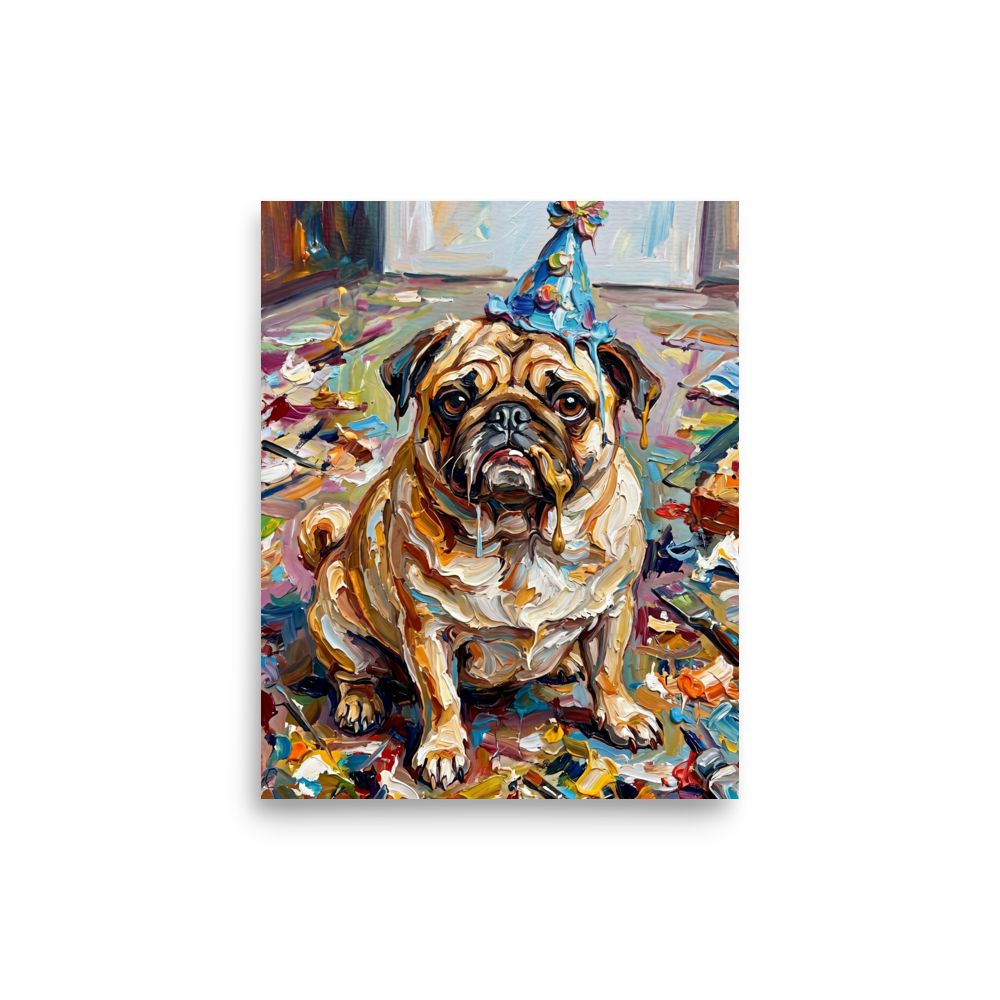 'Messy Celebration' — a Expressionism,Pop art print. Colorful impasto painting of a pug in a birthday hat covered in paint, perfect for a playroom.